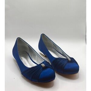 Navy Blue Satin Rhinestone Bow Formal Ballet Flats Silver Trim Evening Shoes